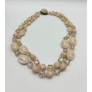 1960s Western Germany Lucite 2-Sided Iridescent Cameo 2-Strand Necklace-RARE